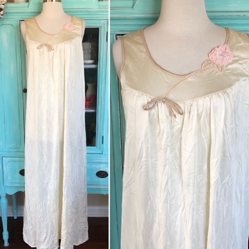 Vintage 70s 80s Nylon Nightgown Pajama Dress Beige